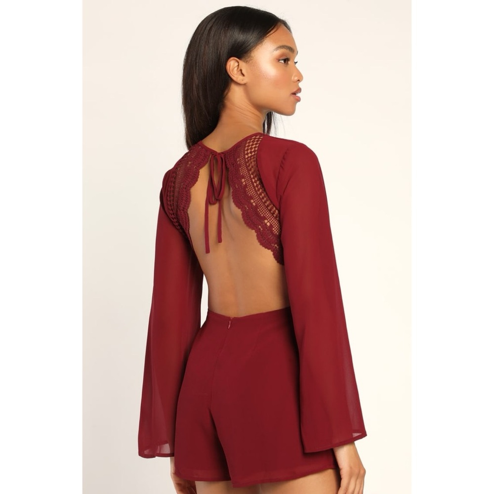 NWT Lulu’s Poised and Playful Burgundy Long Sleeve Backless Romper Chiffon Lace